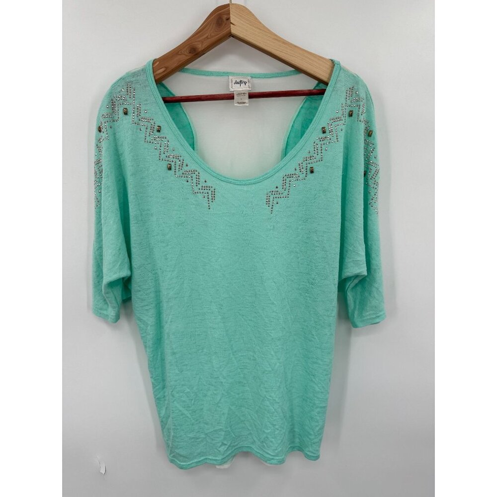 Daytrip Women's Embellished Dolman Short Sleeve Aqua Green Relaxed Top Large